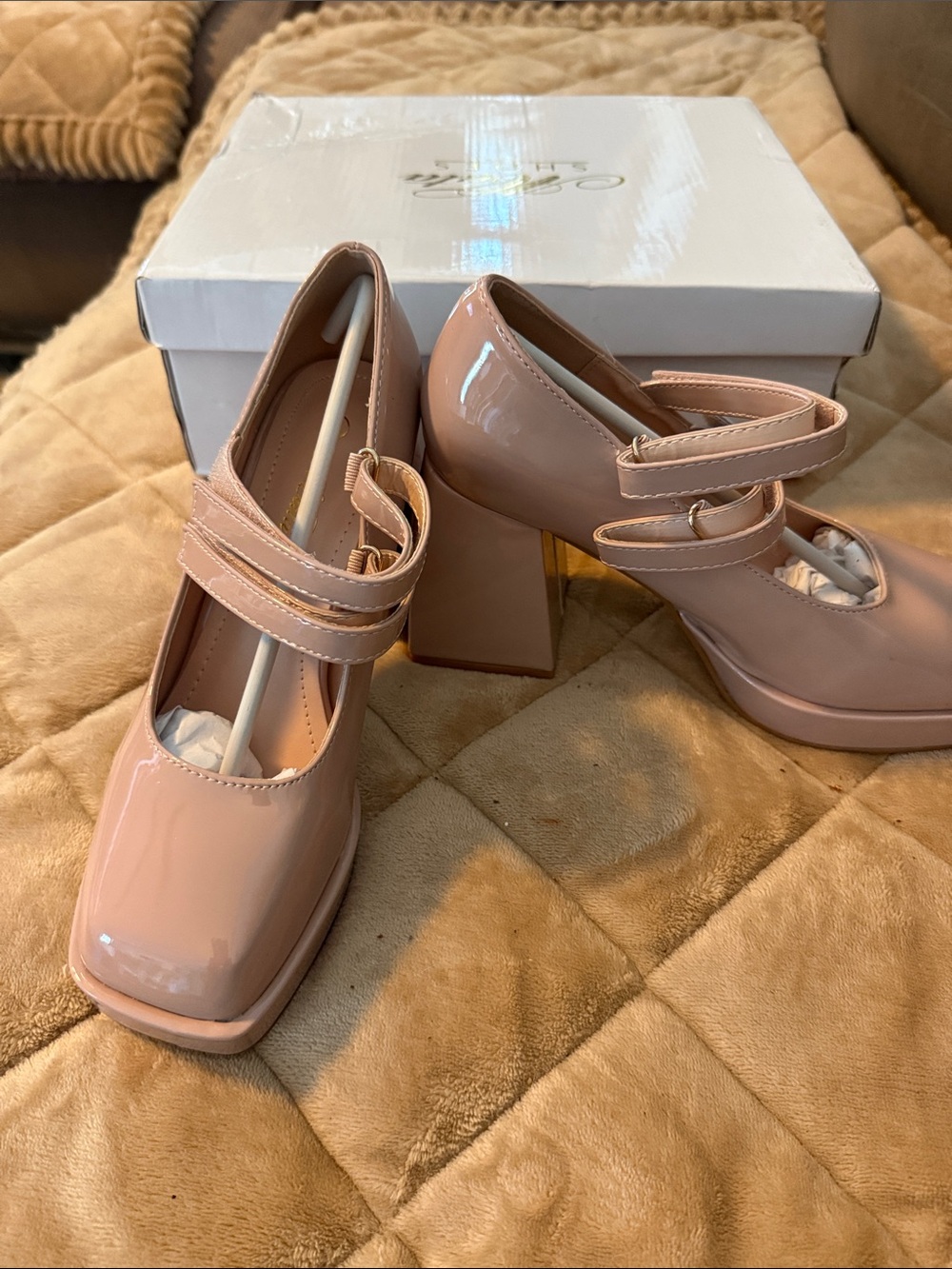 Mata Shoes Nude Patent Double-Strap Block Heel Mary Janes